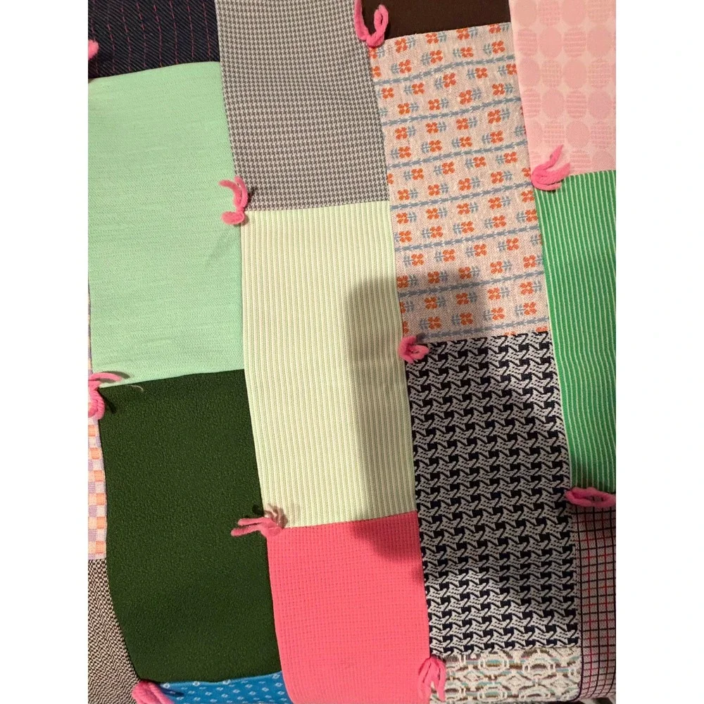 Vintage Handmade Patchwork Tied Quilt Multi Color Scrap Blanket Pink Backing